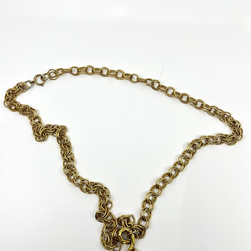 Vintage Gold Tone Wire Swirl Bell Pendant Double Link Chain Necklace Runway Boho - Picture 3 of 10